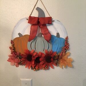 Autumn Pumpkin Wall Hanging with Sunflowers and Ribbon